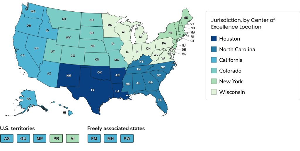 Map of the United States showing what states belong to what Centers of Excellence jurisdiction by location.