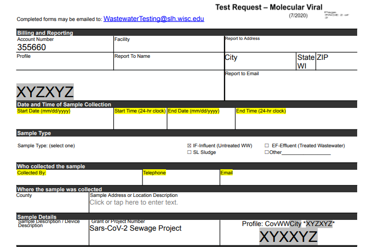 Image of Wastewater Surveillance test request form-Link to Example of a Test Request Form