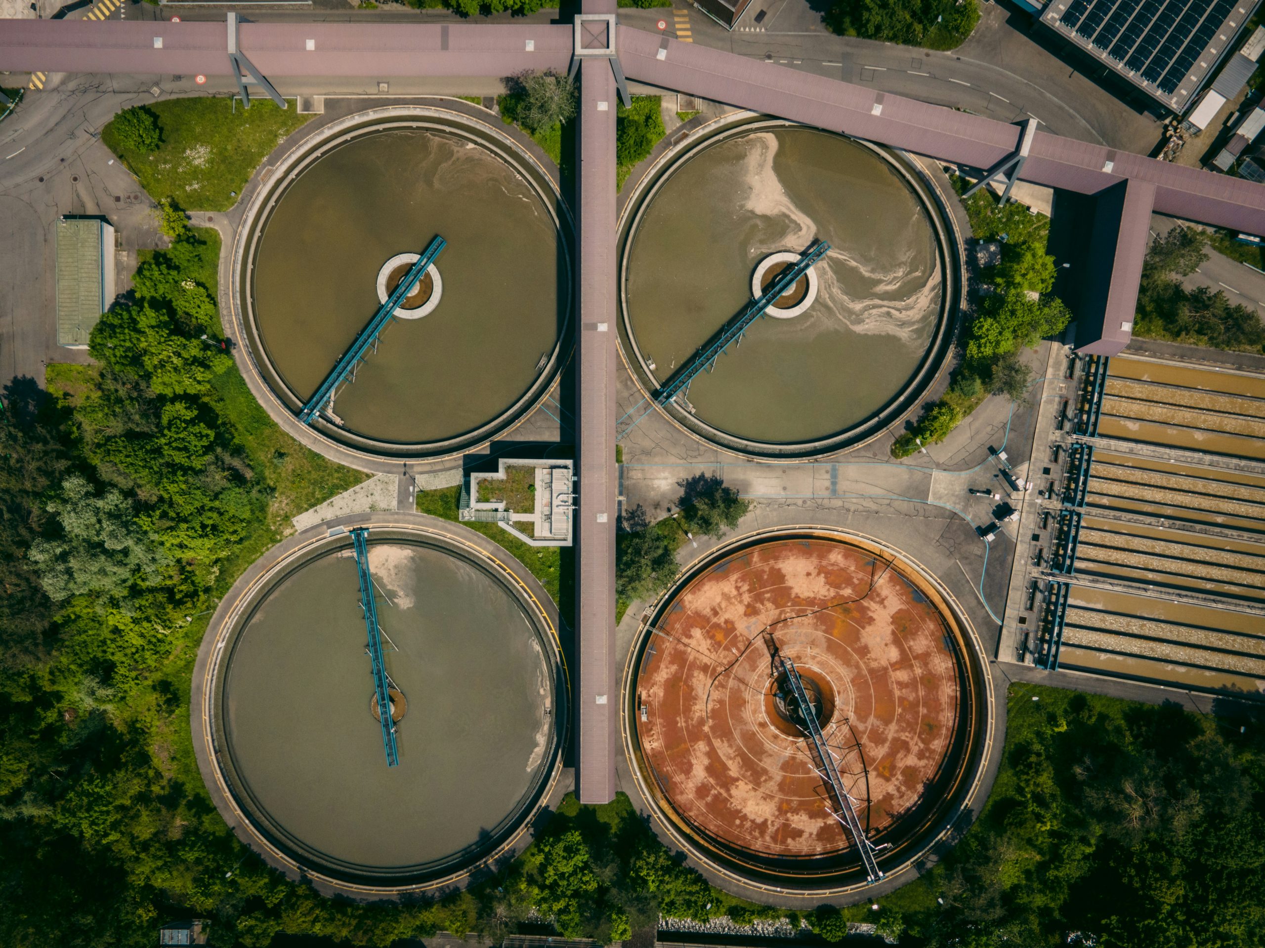 Bird's-eye view of a wastewater treatment plant