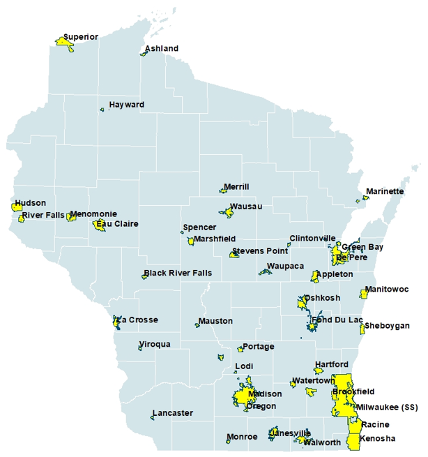 Wisconsin map showing wastewater treatment facility coverage of Wisconsin's population.