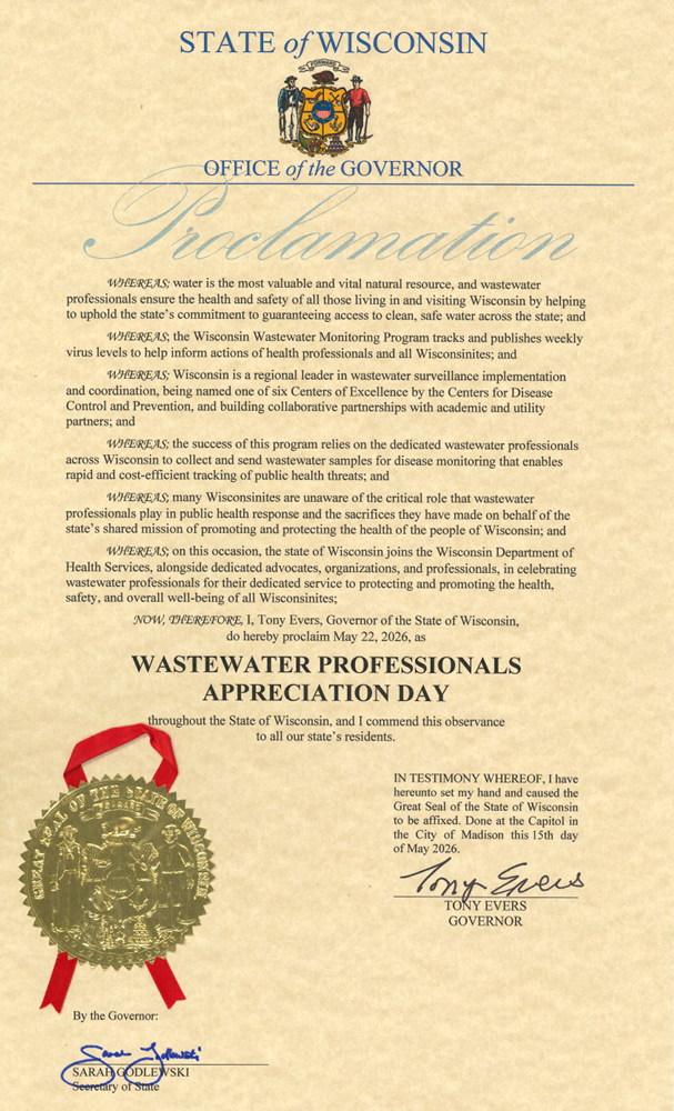 Governor Tony Ever's proclamation of Wastewater Professionals Appreciation Day on May 22nd, 2026.