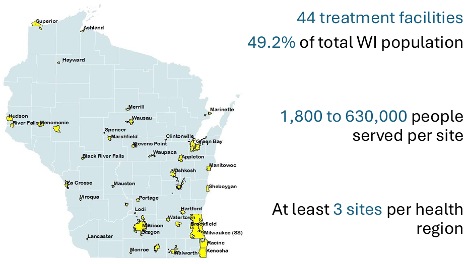Map of Wisconsin counties showing all the wastewater treatment facility sewersheds participating in the Wisconsin wastewater monitoring program.